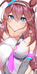 Rule 34 | 1girl, :i, ?, ahoge, bare shoulders, blue eyes, blush, breasts, brown hair, closed mouth, commentary request, detached sleeves, expressionless, face grab, face squeeze, glowing, glowing neckwear, grabbing another&#039;s chin, hair between eyes, hair intakes, hairband, hand on another&#039;s chin, head on hand, heart, highres, horse, horse girl, large breasts, long bangs, mihono bourbon (umamusume), miyasaka miyabi, pink neckwear, smile, solo focus, umamusume, upper body