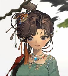 Rule 34 | 1girl, 242520, bead necklace, beads, black hair, blurry, branch, breasts, brown hair, bug, gem, green shirt, hair ornament, hair stick, highres, jewelry, jiu niangzi, long hair, looking to the side, medium breasts, necklace, open mouth, reverse:1999, shirt, simple background, solo, spider, tassel, upper body, white background