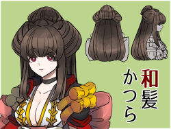 Rule 34 | 1girl, armor, black choker, breasts, bright pupils, brown hair, choker, cleavage, commentary request, green background, hair between eyes, hair bun, japanese armor, kusabi (aighe), long bangs, long hair, looking at viewer, medium breasts, multiple views, oboro (ragnarok online), parted lips, pom pom (clothes), ragnarok online, red eyes, shoulder armor, simple background, smile, sode, translation request, upper body, white pupils
