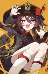 1girl absurdres black_nails black_shorts blush boo_tao_(genshin_impact) brown_coat brown_hair chinese_clothes coat collared_coat flower flower-shaped_pupils genshin_impact ghost ghost_pose hat hat_flower hat_tassel highres hu_tao_(genshin_impact) jewelry knees_up looking_at_viewer multiple_rings open_mouth pellas_(panix2383) plum_blossoms porkpie_hat red_eyes ring shorts socks solo symbol-shaped_pupils thumb_ring twintails white_socks yellow_background