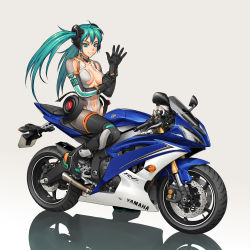 Rule 34 | 1girl, 39, abs, alternate costume, bang-you, bodysuit, breasts, center opening, company connection, dressing, gloves, green hair, hatsune miku, hatsune miku (append), highres, long hair, motor vehicle, motorcycle, smile, solo, twintails, vehicle, vocaloid, vocaloid append, yamaha