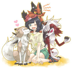 Rule 34 | 1girl, ;d, animal ears, animal hands, beanie, black hair, blue eyes, blush, bob cut, breasts, cat ears, cat tail, claws, closed eyes, creatures (company), dog, eiki (yumekapu), floral print, game freak, gen 7 pokemon, green shorts, hat, heart, lycanroc, lycanroc (midday), lycanroc (midnight), nintendo, one eye closed, open mouth, outline, parted bangs, poke ball theme, pokemon, pokemon (creature), pokemon sm, puppy, red hat, ringed eyes, rock, selene (pokemon), shirt, shoes, short hair, short sleeves, shorts, sitting, small breasts, smile, sneakers, tail, tied shirt, tongue, torracat, twitter username, wariza, wolf, wolf ears, wolf tail, yellow shirt