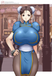 Rule 34 | 1girl, arm behind back, bracelet, breasts, brown eyes, brown hair, capcom, china dress, chinese clothes, chun-li, double bun, dress, earrings, female focus, hand on own hip, hip focus, huge breasts, jewelry, mokusa, outdoors, pantyhose, solo, spiked bracelet, spikes, standing, street fighter, wide hips
