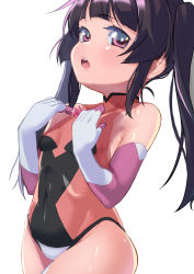 Rule 34 | 1girl, aged down, aiai (jsm), bare shoulders, black hair, blunt bangs, breasts, elbow gloves, gloves, highres, leotard, long hair, open mouth, pink eyes, pink leotard, senki zesshou symphogear, shiny clothes, shiny skin, simple background, small breasts, solo, standing, tsukuyomi shirabe, twintails, white background