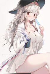 Rule 34 | 1girl, artist name, azur lane, bag, black bag, black hair, black hat, blue ribbon, blush, breasts, buttons, collarbone, dress, dunkerque (afternoon venus) (azur lane), dunkerque (azur lane), eyewear on head, fingernails, food, gradient hair, grey hair, hair between eyes, hands up, hat, highres, holding, holding bag, holding food, holding ice cream, ice cream, jacket, kana yukino, large breasts, lips, long fingernails, long hair, long sleeves, looking at viewer, multicolored hair, open clothes, open jacket, red eyes, ribbon, simple background, sitting, solo, striped ribbon, sun hat, sunglasses, teeth, white background, white dress, white jacket, white ribbon, wide sleeves