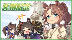 Rule 34 | +++, 3girls, animal ears, baozi, black hair, blue coat, blue eyes, blush, boots, border, brown coat, brown hair, building, chibi, clock, clock tower, closed eyes, coat, fang, food, gloves, green border, hand in pocket, highres, horse ears, horse girl, horse tail, looking at viewer, marvelous sunday (umamusume), mejiro palmer (umamusume), multiple girls, nihudau, open mouth, outstretched arms, pleated skirt, ponytail, red gloves, scarf, skin fang, skirt, smile, snowball, snowing, spread arms, steam, tail, tongue, tongue out, tosen jordan (umamusume), tower, twintails, twitter username, umamusume, winter clothes, winter coat