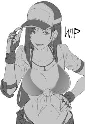 Rule 34 | 1girl, baseball cap, bracelet, breasts, butcha-u, elbow pads, final fantasy, final fantasy vii, final fantasy vii ever crisis, fingerless gloves, gloves, hat, highres, jewelry, large breasts, long hair, looking at viewer, monochrome, navel, official alternate costume, open mouth, see-through, see-through shirt, shirt, solo, teeth, tifa lockhart, tifa lockhart (lifeguard), unfinished, visor cap, wet, wet clothes, wet shirt