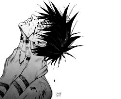 Rule 34 | 2boys, absurdres, arm tattoo, blood, blood on face, closed eyes, commentary, cuts, english commentary, eyelashes, fushiguro megumi, greyscale, hair between eyes, hands on another&#039;s neck, highres, injury, jujutsu kaisen, male focus, monochrome, multiple boys, nail polish, ryoumen sukuna (jujutsu kaisen), saucybrtt, short hair, spiked hair, strangling, tattoo, white background, yaoi