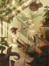 Rule 34 | 2girls, absurdres, arm support, beastars, belt, black footwear, blurry, blush, breasts, depth of field, eye contact, flower, furry, furry female, garden, gardening, giving, greenhouse, hanging plant, haru (beastars), highres, holding, holding watering can, indoors, juno (beastars), ladder, light rays, looking at another, looking away, looking down, looking up, mary janes, multiple girls, neckerchief, pink flower, plant, pleated skirt, potted plant, profile, puffy short sleeves, puffy sleeves, rabbit girl, school uniform, shelf, shoes, short sleeves, sitting, skirt, skirt set, smile, socks, standing, tree, vines, wanxinyuu, watering can, white neckerchief, white skirt, white socks, wolf girl