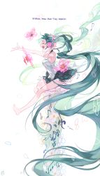 Rule 34 | 1girl, absurdly long hair, aqua hair, bare legs, barefoot, beamed quavers, closed eyes, floral background, hatsune miku, headphones, highres, image sample, long hair, mansu, miniskirt, music, musical note, open mouth, outstretched arm, petals, quaver, resolution mismatch, shirt, singing, skirt, sleeveless, sleeveless shirt, solo, source larger, thank you, treble clef, twintails, very long hair, vocaloid