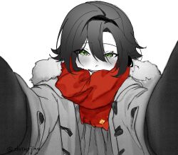 Rule 34 | 1boy, blush, coat, fur-trimmed coat, fur-trimmed hood, fur trim, genshin impact, green eyes, greyscale, highres, hood, looking at viewer, male focus, meme, mole, mole under each eye, mole under eye, monochrome, multiple moles, open clothes, open coat, pov cheek warming (meme), red scarf, scarf, shikanoin heizou, shrimpjiao, upper body, winter clothes, winter coat, winter gloves