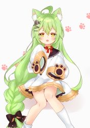 Rule 34 | 1girl, absurdres, ahoge, akashi (azur lane), animal ear fluff, animal ears, azur lane, bell, black bow, blush, bow, braid, cat ears, dress, green hair, hair between eyes, hair bow, hair ornament, hairclip, highres, kneehighs, koto00, long hair, long sleeves, looking at viewer, mole, mole under eye, neck bell, open mouth, simple background, sleeves past wrists, smile, socks, solo, very long hair, white background, white dress, white socks, yellow eyes