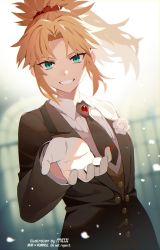 Rule 34 | 1girl, artist name, black jacket, blonde hair, braid, collared shirt, commentary request, fate/apocrypha, fate/grand order, fate (series), flower, formal, gloves, green eyes, hair ornament, hair scrunchie, highres, jacket, long hair, long sleeves, looking at viewer, meiji ken, mordred (fate), mordred (formal dress) (fate), necktie, official alternate costume, parted bangs, ponytail, red scrunchie, scrunchie, shirt, smile, solo, suit, teeth, upper body, white flower, white gloves, white shirt