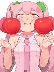 Rule 34 | 1girl, abmayo, absurdres, bare shoulders, breasts, cheek squash, cherry hair ornament, collared shirt, detached sleeves, food-themed hair ornament, grey shirt, hair ornament, hands up, hatsune miku, highres, long hair, looking at viewer, medium breasts, nail polish, necktie, oversized object, pink eyes, pink hair, pink nails, shirt, solo, sweat, symbol-only commentary, tearing up, twintails, upper body, vocaloid, white background
