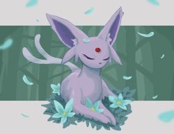 Rule 34 | bad id, bad twitter id, closed eyes, commentary request, creatures (company), espeon, flower, forked tail, game freak, gen 2 pokemon, highres, lying, misodaifuku, nintendo, no humans, on stomach, petals, pokemon, pokemon (creature), purple fur, solo, tail