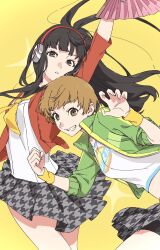 Rule 34 | 2girls, amagi yukiko, arm up, bike shorts under skirt, black hair, black sailor collar, blunt bangs, brown eyes, brown hair, cardigan, clenched hand, cowboy shot, crop top, cropped shirt, green jacket, grin, hand fan, headphones, highres, holding, holding fan, jacket, long hair, looking at viewer, micaoz, midriff peek, multiple girls, neckerchief, open cardigan, open clothes, open jacket, parted lips, persona, persona 4, persona 4: dancing all night, persona dancing, pleated skirt, red cardigan, sailor collar, satonaka chie, shirt, short hair, skirt, smile, sparkle, teeth, white shirt, wristband, yellow neckerchief