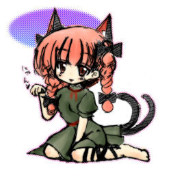 Rule 34 | 1girl, :p, braid, extra ears, female focus, hino kuu, kaenbyou rin, looking at viewer, multiple tails, paw pose, red eyes, red hair, simple background, solo, tail, text focus, tongue, tongue out, touhou, twin braids, white background