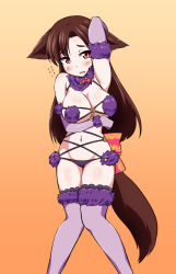 Rule 34 | 1girl, animal ears, breasts, brown hair, cleavage, cosplay, embarrassed, fate/grand order, fate (series), flying sweatdrops, fur, fur-trimmed gloves, fur-trimmed legwear, fur trim, gloves, gradient background, groin, halloween costume, imaizumi kagerou, large breasts, long hair, looking at viewer, mash kyrielight, mash kyrielight (dangerous beast), mash kyrielight (dangerous beast) (cosplay), navel, nisshisshi, o-ring, o-ring top, official alternate costume, open mouth, red eyes, ribbon, shielder (fate/grand order) (cosplay), solo, tail, touhou, underwear, wolf ears, wolf tail