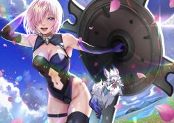 Rule 34 | 1girl, :d, arm up, black gloves, black leotard, black thighhighs, breasts, cleavage, clothing cutout, cowboy shot, day, elbow gloves, fate/grand order, fate (series), fou (fate), gloves, hair over one eye, highleg, highleg leotard, highres, holding, holding shield, katekari yuusuke, large breasts, leotard, looking at viewer, mash kyrielight, midriff, navel, open mouth, outdoors, petals, pink hair, purple eyes, purple gloves, shield, shiny skin, short hair, skindentation, smile, solo, standing, stomach, stomach cutout, thigh strap, thighhighs