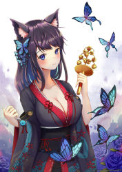 Rule 34 | 1girl, absurdres, animal ear fluff, animal ears, azur lane, black kimono, black sash, blue butterfly, blue eyes, blue flower, blue rose, breasts, bug, butterfly, cat ears, cleavage, flower, fusou (azur lane), highres, bug, japanese clothes, jeong siot, kimono, large breasts, long hair, looking at viewer, purple hair, rose, sash, solo, wide sleeves