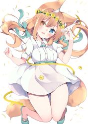 Rule 34 | 1girl, animal ear fluff, animal ears, blue bow, blush, bow, breasts, brown hair, cat ears, cat tail, full body, hair bow, head wreath, heterochromia, highres, looking at viewer, medium breasts, open mouth, original, satsuki mayuri, solo, tail, twintails, white background