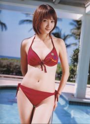Rule 34 | 1girl, bikini, blue sky, brown hair, fujimoto miki, photo (medium), pool, red bikini, side-tie bikini bottom, sky, swimsuit, tree