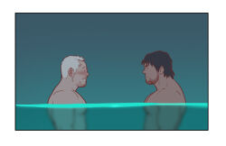 Rule 34 | 2boys, bara, black hair, blank eyes, blank stare, blush, dark-skinned male, dark skin, eye contact, facial hair, from side, looking at another, male focus, multiple boys, muscular, muscular male, nude, original, partially underwater shot, pectorals, pool, receding hairline, short hair, shy, sideburns stubble, stubble, upper body, white hair, yaoi, youtian (youtiange)
