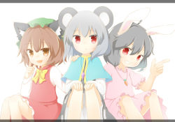 Rule 34 | 3girls, animal ears, bad id, bad pixiv id, black hair, bow, brown eyes, brown hair, capelet, carrot necklace, cat ears, chen, dress, earrings, ellipsis (mitei), grey hair, grin, hat, inaba tewi, jewelry, letterboxed, looking at viewer, mouse ears, multiple girls, nazrin, necklace, pendant, pointing, rabbit ears, red eyes, short hair, smile, touhou