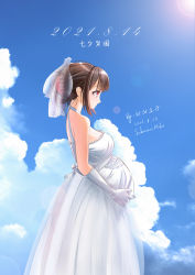 Rule 34 | 1girl, absurdres, bad id, bad pixiv id, big belly, breasts, bridal veil, chinese commentary, cloud, dated, dress, from side, gloves, hair behind ear, highres, lens flare, light smile, medium breasts, original, pregnant, red eyes, sakuranohako, sky, solo, veil, wedding dress, white gloves