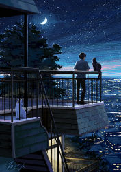 Rule 34 | 1boy, black cat, black hair, black pants, cat, cityscape, crescent moon, glowing, horizon, male focus, moon, night, night sky, original, pants, short hair, short sleeves, signature, sky, solo, stairs, standing, star (sky), starry sky, takigraphic, tree, white cat, wide shot