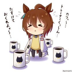 Rule 34 | &gt; &lt;, 1girl, :&lt;, absurdres, agnes tachyon (umamusume), ahoge, animal ears, black pantyhose, black shirt, blush, brown hair, chibi, closed eyes, coffee, commentary request, cup, flying sweatdrops, goom (goomyparty), hair between eyes, highres, horse ears, horse girl, horse tail, lab coat, long sleeves, mug, open clothes, pantyhose, parted lips, shadow, shirt, shoes, simple background, sleeves past fingers, sleeves past wrists, solo, standing, sweater vest, tail, translation request, triangle mouth, twitter username, umamusume, white background, white footwear