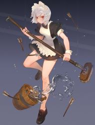 Rule 34 | 1girl, apron, arrow (projectile), artist name, bare legs, black dress, black footwear, blue background, breasts, broken arrow, bucket, closed mouth, commentary, dress, full body, highres, holding, holding mop, looking at viewer, maid, maid apron, maid headdress, medium hair, mop, morry, original, puffy short sleeves, puffy sleeves, red eyes, shoes, short dress, short sleeves, signature, silver hair, simple background, small breasts, solo, spilling, symbol-only commentary, thighs, water, white apron, wrist cuffs
