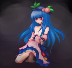 Rule 34 | 1boy, 1girl, bad id, bad pixiv id, blood, blue hair, censored, flat chest, food, fruit, hat, hetero, hinanawi tenshi, long hair, mosaic censoring, peach, penis, pussy, red eyes, sex, torn clothes, touhou, vaginal, defloration