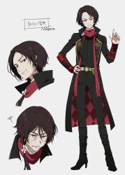 Rule 34 | 10s, 1672, 1boy, anime coloring, bad id, bad pixiv id, boots, brown hair, character sheet, clenched teeth, hand on own hip, high heel boots, high heels, highres, kashuu kiyomitsu, male focus, mole, mole under eye, multiple views, nail polish, ponytail, red eyes, scarf, smile, squiggle, sweat, teeth, touken ranbu
