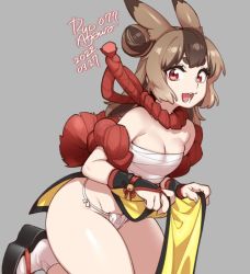 Rule 34 | 1girl, agawa ryou, animal ears, breasts, brown hair, fundoshi, grey background, hair bun, japanese clothes, looking at viewer, original, red eyes, sarashi, simple background, single hair bun, small breasts, solo, thick eyebrows, thick thighs, thighs