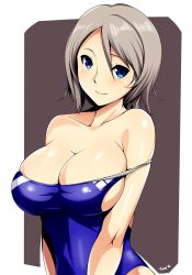 Rule 34 | 10s, 1girl, artist name, bare shoulders, blue eyes, blue one-piece swimsuit, blush, breasts, cleavage, closed mouth, collarbone, competition swimsuit, from side, grey background, hair between eyes, highres, large breasts, light smile, looking at viewer, love live!, love live! sunshine!!, off shoulder, one-piece swimsuit, outside border, parted bangs, short hair, sideboob, signature, silver hair, simple background, skin tight, skindentation, smile, solo, strap slip, swimsuit, taut clothes, tony guisado, upper body, watanabe you