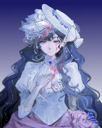 Rule 34 | 1girl, absurdres, blood, blood on clothes, blood on face, blue eyes, closed mouth, dress, highres, isolde (reverse:1999), long hair, reverse:1999, simple bird, solo, user kmgy5327, victorian, white dress, white headwear
