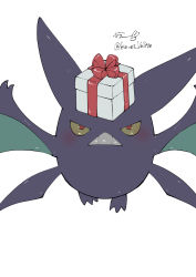 Rule 34 | animal focus, artist name, bat (animal), blush, box, colored sclera, creatures (company), crobat, flat color, game freak, gen 2 pokemon, gift, gift box, half-closed eyes, highres, ka ei volltis, looking at viewer, nintendo, no humans, object on head, pokemon, pokemon (creature), red eyes, red ribbon, ribbon, signature, simple background, sketch, solo, straight-on, teeth, twitter username, white background, yellow sclera