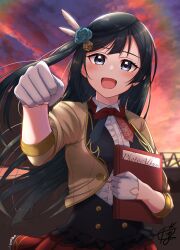 Rule 34 | 1girl, absurdres, afterschool school idol (love live!), black hair, book, bright09, commentary, feather hair ornament, feathers, fist bump, flower, gloves, grey eyes, hair flower, hair ornament, highres, holding, holding book, long hair, looking at viewer, love live!, love live! nijigasaki high school idol club, photo album, sidelocks, signature, solo, sunset, upper body, white gloves, yuki setsuna (love live!)