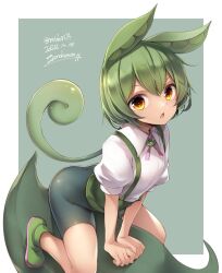 Rule 34 | 1girl, birthday, collared shirt, commentary, dated, green footwear, green hair, green suspenders, hair between eyes, highres, looking at viewer, midori (misuriru8), open mouth, own hands together, puffy short sleeves, puffy sleeves, shirt, shoes, short sleeves, sitting, solo, suspenders, twitter username, voicevox, white shirt, yellow eyes, zundamon