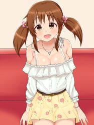 Rule 34 | 10s, 1girl, :d, bare shoulders, blush, breasts, brown eyes, brown hair, cleavage, couch, floral print, hair ornament, highres, idolmaster, idolmaster cinderella girls, jewelry, large breasts, looking at viewer, matching hair/eyes, open mouth, skirt, smile, solo, suzutarou gunsou, totoki airi, twintails
