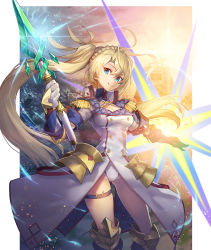Rule 34 | 1girl, blonde hair, blue eyes, boots, bradamante (fate), bradamante (second ascension) (fate), braid, closed mouth, coat, crown braid, epaulettes, fate/grand order, fate (series), feet out of frame, gloves, highres, holding, holding polearm, holding spear, holding weapon, knee boots, leotard, long hair, looking at viewer, nakamura eight, parted bangs, polearm, popped collar, revision, smile, solo, spear, standing, thighlet, twintails, weapon, white gloves, white leotard