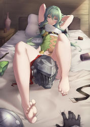 Rule 34 | 1boy, 1girl, alcohol, armor, arms up, bare legs, barefoot, bed, bed sheet, bedroom, belt, between legs, blush, bottle, bottomless, bow, breasts, unworn clothes, convenient censoring, cup, drunk, elf, feet, full body, gainoob, gloves, goblin slayer, goblin slayer!, green eyes, green hair, hair bow, helmet, high elf archer (goblin slayer!), highres, indoors, legs, no panties, on bed, pillow, pointy ears, pov, seductive smile, sheet grab, shield, sidelocks, signature, sleeveless, small breasts, smile, table, toes, wine bottle, wooden wall