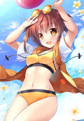 Rule 34 | 1girl, :d, arms up, ball, bikini, blue sky, breasts, brown eyes, brown hair, cleavage, cloud, collarbone, commentary request, day, eyewear on head, flower, jacket, lens flare, mikeou, navel, open mouth, orange bikini, orange jacket, original, outdoors, short hair, sky, small breasts, smile, solo, standing, sunglasses, swimsuit