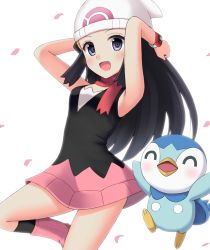 Rule 34 | 1girl, :d, beanie, black hair, black shirt, black socks, blush, boots, cassis (orleans13x), commentary request, creatures (company), dawn (pokemon), eyelashes, game freak, gen 4 pokemon, grey eyes, hair ornament, hairclip, hat, kneehighs, long hair, nintendo, open mouth, petals, pink footwear, pink skirt, piplup, pokemon, pokemon (creature), pokemon dppt, red scarf, scarf, shirt, sidelocks, skirt, sleeveless, sleeveless shirt, smile, socks, tongue, white headwear