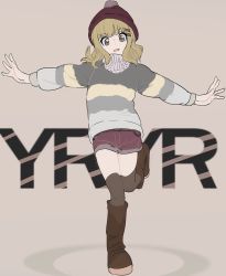 Rule 34 | 1girl, beanie, blonde hair, boots, brown background, brown eyes, brown footwear, cogecha, copyright name, hair ornament, hairclip, hat, highres, long hair, long sleeves, looking at viewer, oomuro sakurako, open mouth, outstretched arms, shorts, smile, solo, spread arms, standing, standing on one leg, striped clothes, striped sweater, sweater, thighhighs, yuru yuri