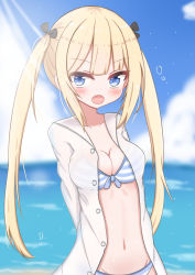Rule 34 | 1girl, :o, absurdres, arms behind back, beach, bikini, black bow, blonde hair, blue eyes, blue sky, blurry, blurry background, blush, bow, bow bikini, breasts, cleavage, cloud, collarbone, collared shirt, commentary request, day, depth of field, dress shirt, hair bow, highres, horizon, jiu (sdesd3205), long hair, medium breasts, ocean, open clothes, open mouth, open shirt, original, outdoors, shirt, simple background, sky, solo, striped bikini, striped clothes, swimsuit, twintails, very long hair, water, white shirt