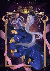 Rule 34 | 1girl, barefoot, blue dress, dongyunhan, dress, elbow gloves, expressionless, framed, gloves, gradient background, highres, jpeg artifacts, koi, light purple hair, lips, long hair, looking to the side, profile, sky, solo, sparkle, star (sky), starry sky, strapless, strapless dress, triangle print, very long hair, vocaloid, xingchen, yellow eyes