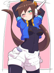 Rule 34 | 1girl, absurdres, aile (mega man zx), arms up, black bodysuit, blue jacket, blush, bodysuit, breasts, brown hair, buzzlyears, closed mouth, cropped jacket, green eyes, highres, jacket, long hair, looking at viewer, medium breasts, mega man (series), mega man zx, mega man zx advent, one eye closed, shiny clothes, short shorts, short sleeves, shorts, solo, white shorts