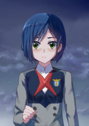 Rule 34 | 1girl, blue hair, blush, buttons, closed mouth, cloud, collared shirt, commentary, darling in the franxx, eyebrows hidden by hair, green eyes, hair ornament, hairclip, hand up, highres, ichigo (darling in the franxx), long sleeves, looking at viewer, military, military uniform, necktie, night, onka yuu, red necktie, school uniform, shirt, short hair, solo, tearing up, uniform, upper body, white shirt